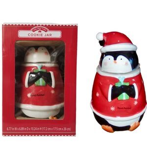 Penguin Cookie Jar Hand Painted Holiday  Deco Sealed‎ NIB